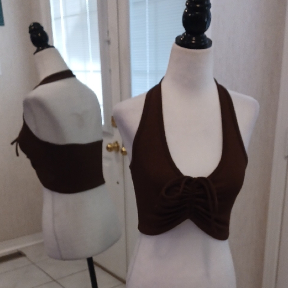 4/$60 Brown Shimmery Sleeveless Crop Tank Top with Tie Front